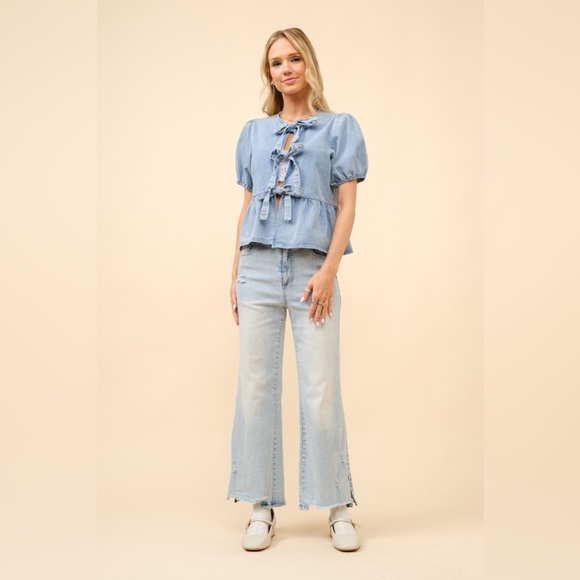 Puff Sleeve Bow Tie Front Denim Cut Out Top - Blue B - Picture 4 of 5